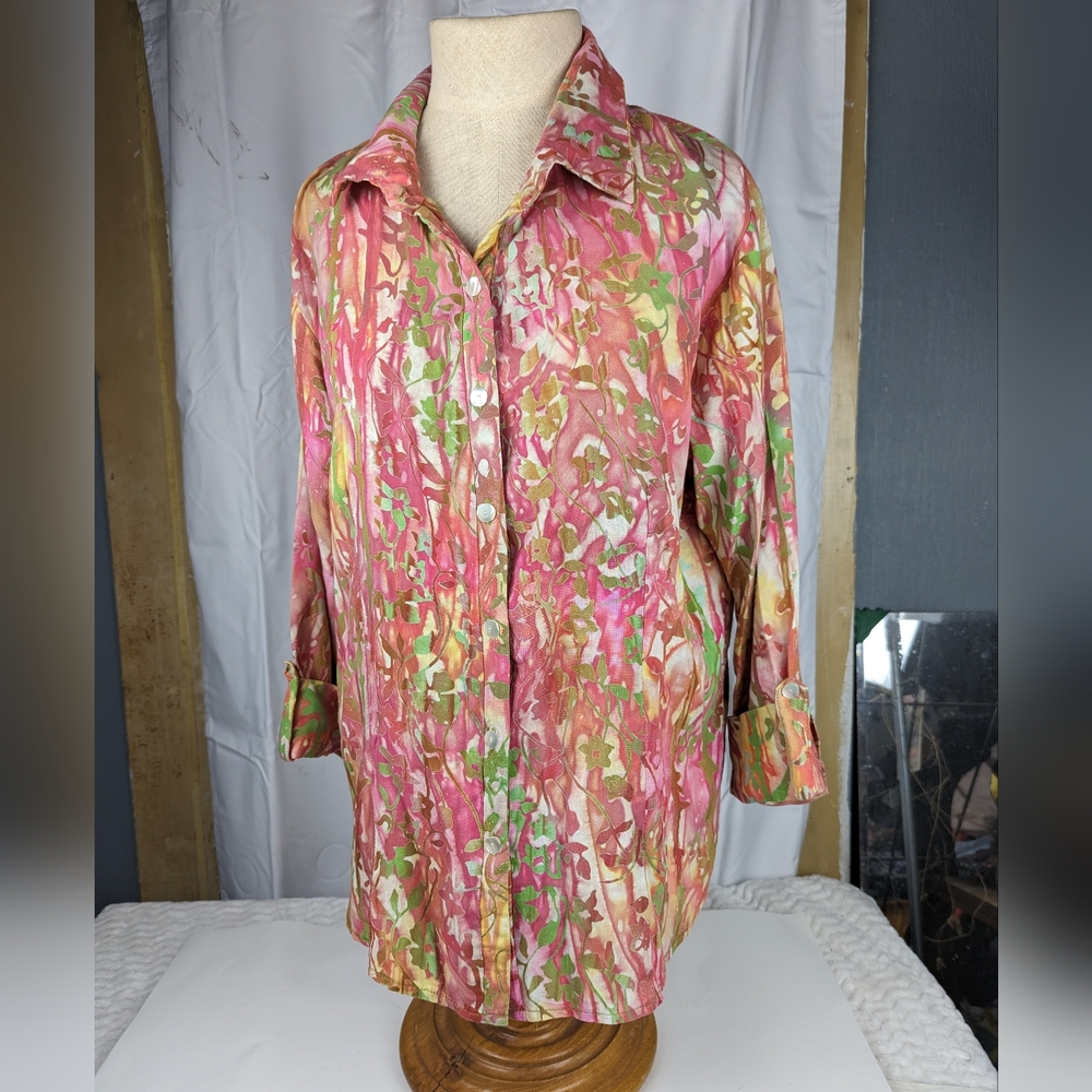 Global Village Handcrafted Button Up Tunic Shirt Size XL Pink Spring Easter
